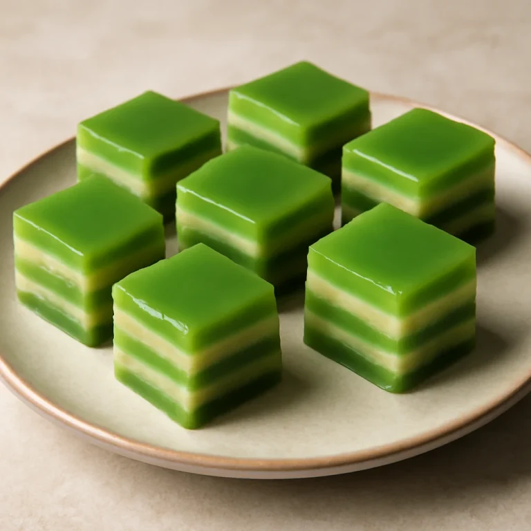 Bánh da lợn pandan és mungóbab rétegekkel, zöld és fehér színekben