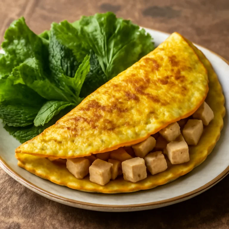 Bánh xèo tofuval friss salátalevelek között tálalva