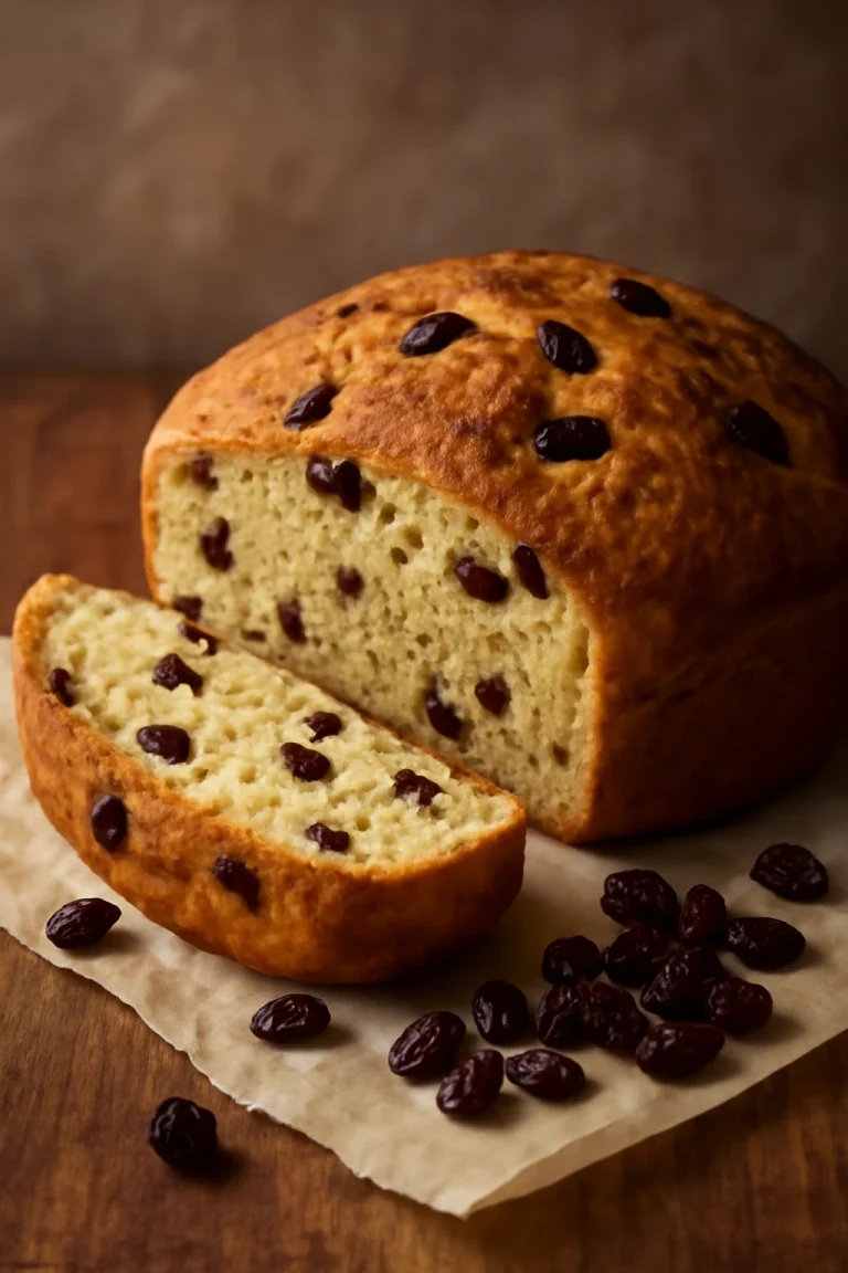 Bannock skót Selkirk módra, frissen szeletelve és mazsolával díszítve