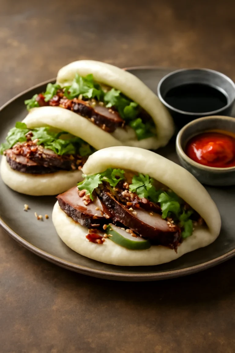 Bao sült füstölt hússal tálalva, friss korianderrel és hoisin szósszal