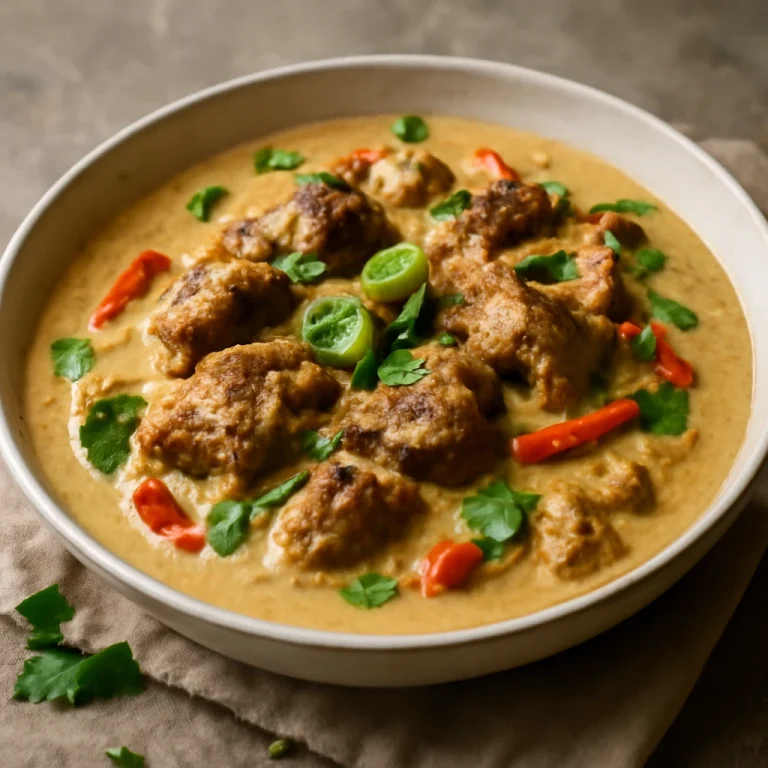Bárány Bicol Express tálalva egy tálon, gazdag és krémes kókusztej alapú szósszal