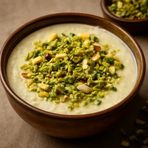 Indiai krémes basundi, pisztáciával díszítve