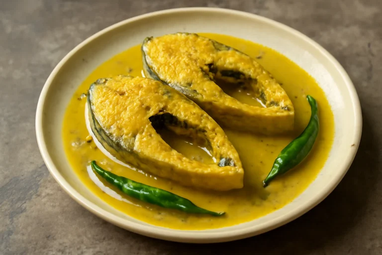 Bhapa Ilish tálalva, gőzölve mustárpasztával és zöld chilikkel