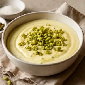 Édes gőzölt joghurt desszert, pisztáciával díszítve