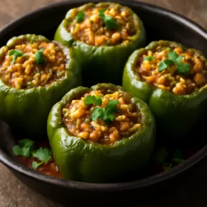 Indiai Bharwa Shimla Mirch, töltött paprika paneerrel és rizzsel