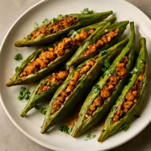 Fűszeres töltött okra, friss korianderrel tálalva