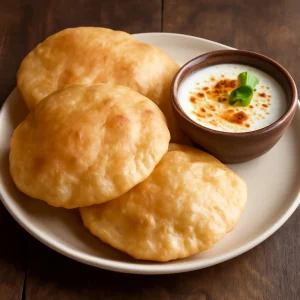 Friss Bhature joghurttal tálalva