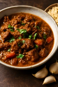 Indiai Bhuna Beef, pörkölt marhahús fokhagymával és tamarind pasztával