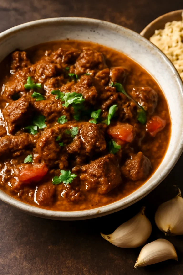 Bhuna Beef fokhagymával, tálalva friss korianderrel