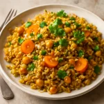 Bhuna khichuri sárgarépával, korianderrel megszórva