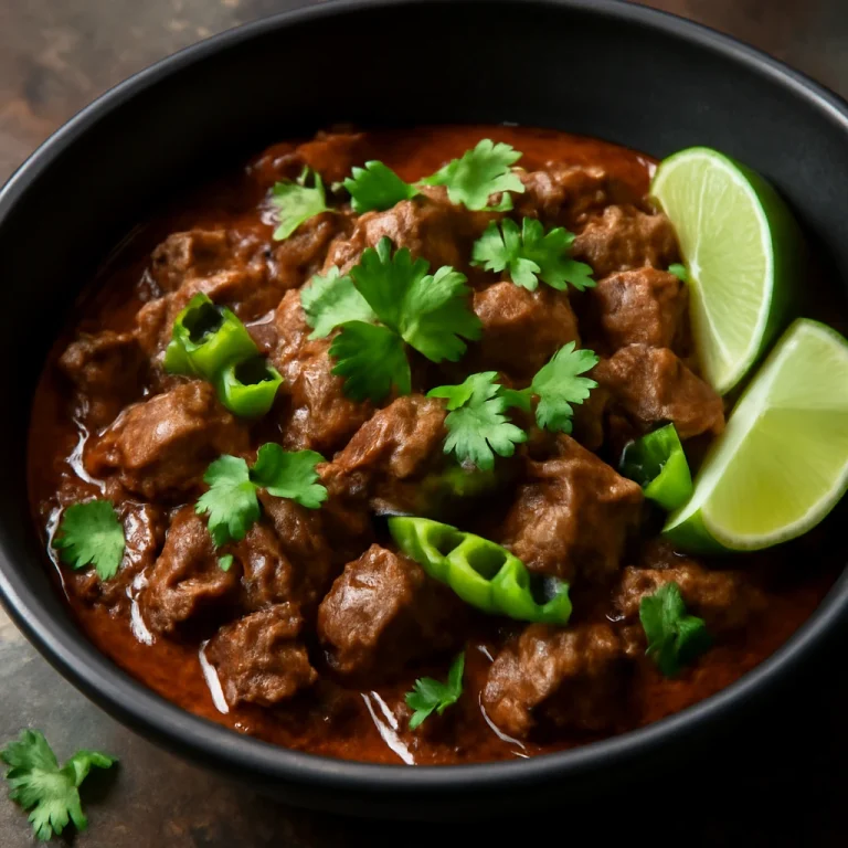 Bhuna beef csípős paprikával, fűszeres marhahús korianderrel és lime-mal díszítve