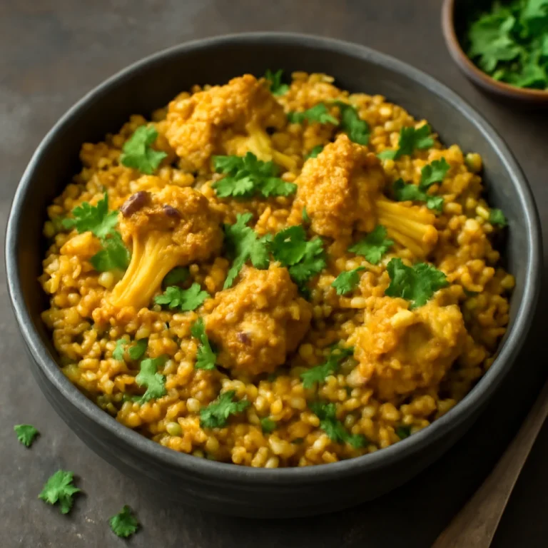 Bhuna khichuri karfiollal tálalva, friss korianderrel díszítve