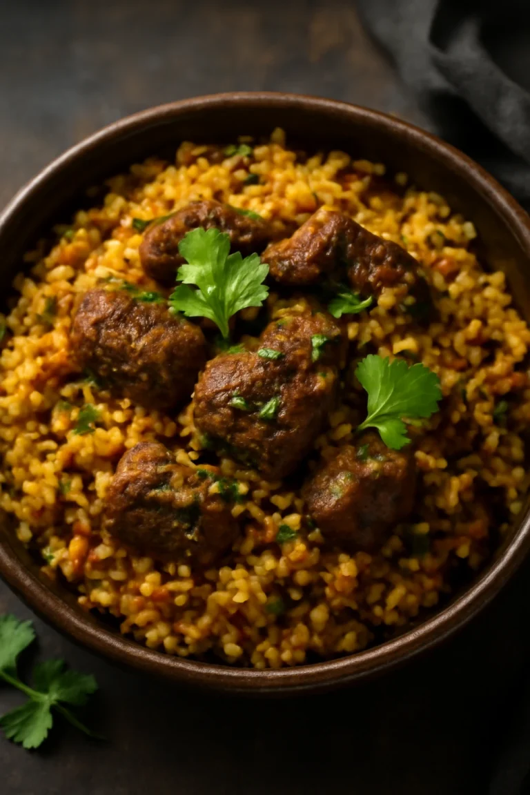 Bhuna khichuri marhahússal, fűszeres rizs és lencse marhahússal és kókusztejjel