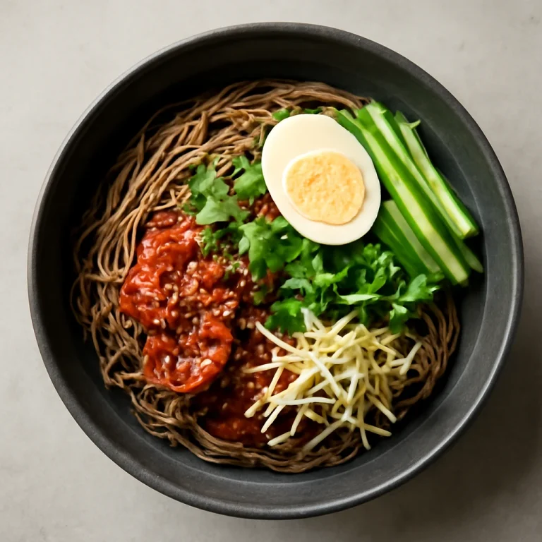 Bibim naengmyeon, koreai hideg tészta friss zöldségekkel és fűszeres szósszal