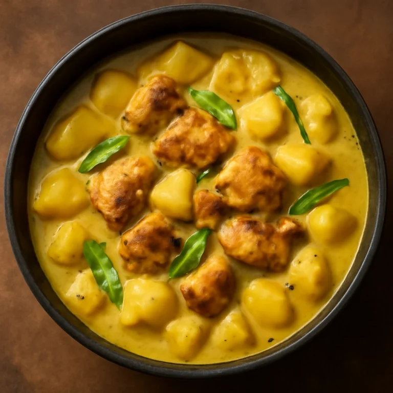 Bicol Express burgonyával, gazdag kókusztejjel és csirkével