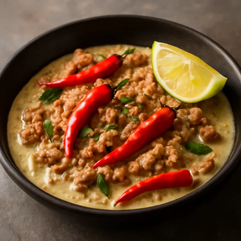 Bicol Express fűszeres változat, friss chilivel és kókusztejjel