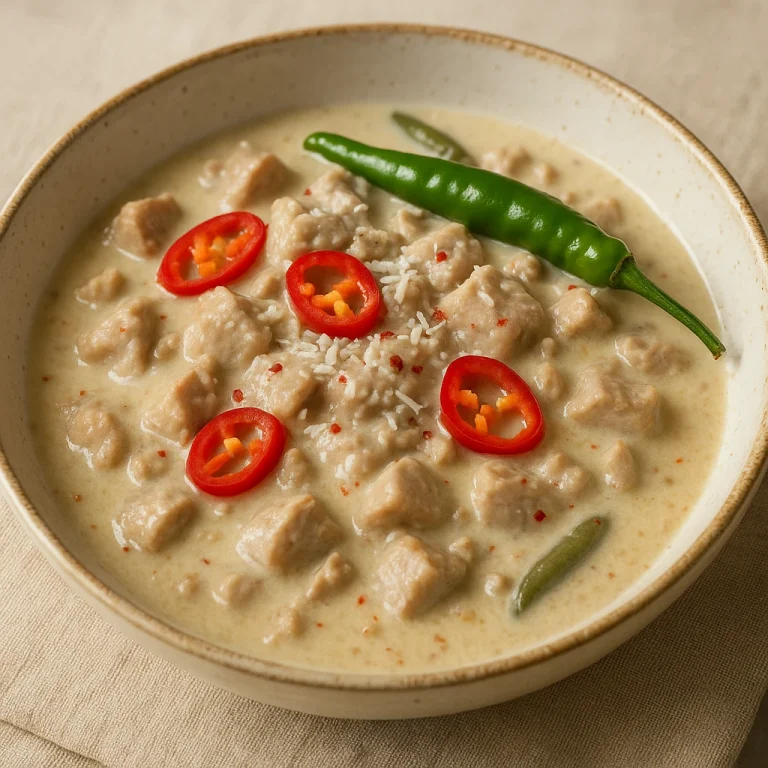 Bicol Express kókuszkrémmel, tálalva piros és zöld chilivel egy világos tálban