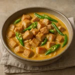 Bicol Express sertéshúsból, kókusztejes szósszal és chili paprikával tálalva