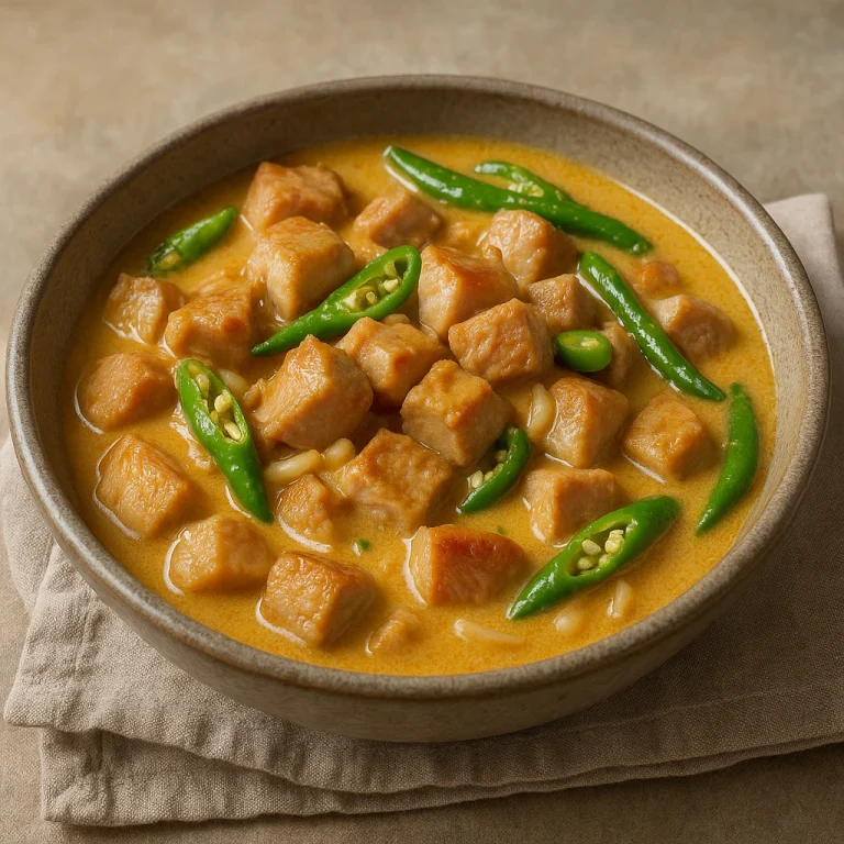 Bicol Express sertéshúsból, kókusztejes szósszal és chili paprikával tálalva