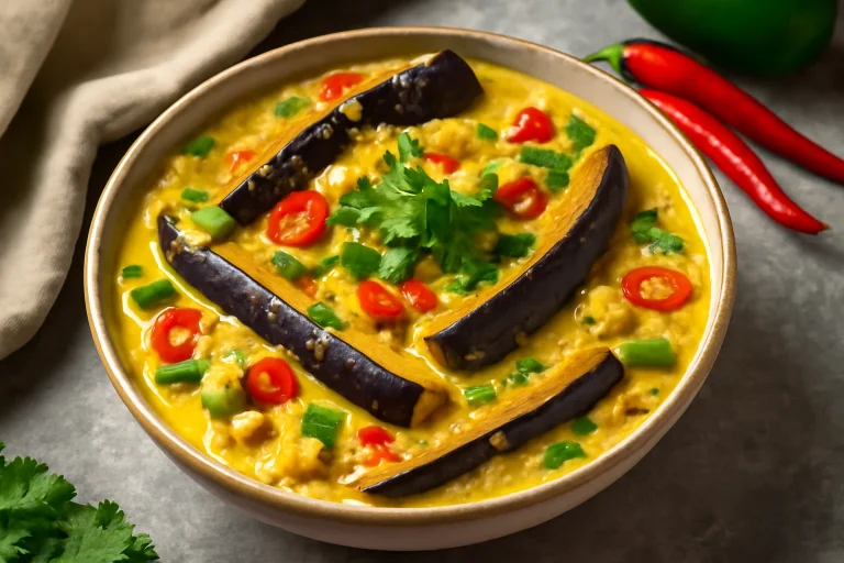 Bicol Express padlizsánnal, egy tálban gazdag, kókuszos zöldségekkel