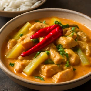 Filipino Bicol Express papayával, csirkehússal és csípős paprikával