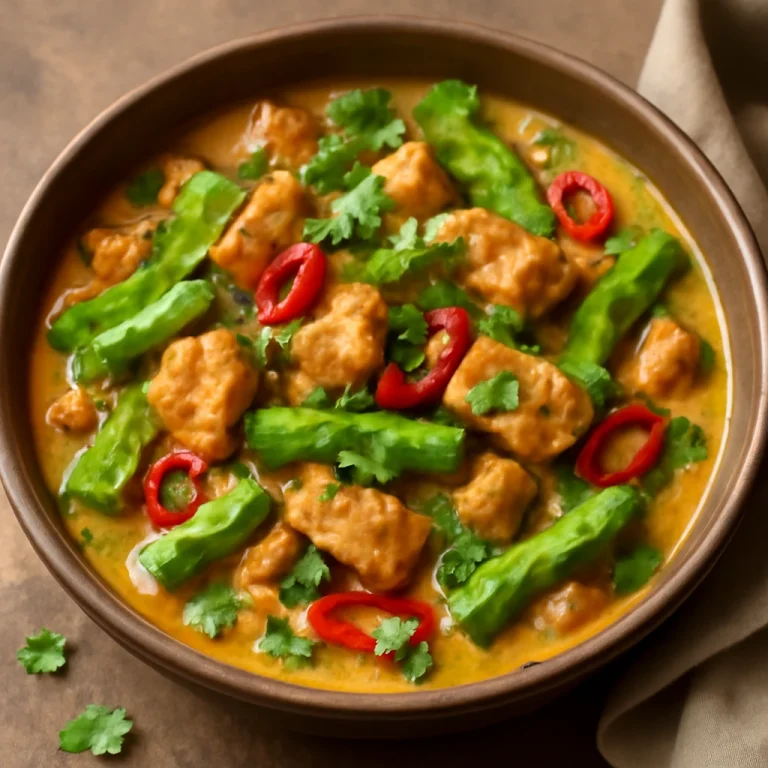 Bicol Express szárnyas bab tálalva szigáriyasszával és korianderrel