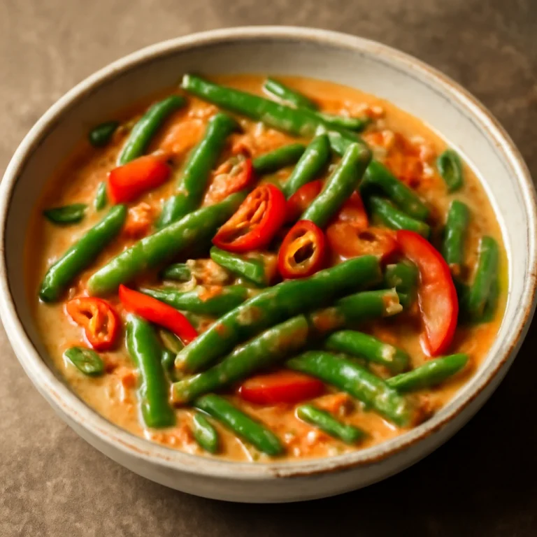 Bicol Express zöldbabbal, kókusztejjel és piros paprikával tálalva