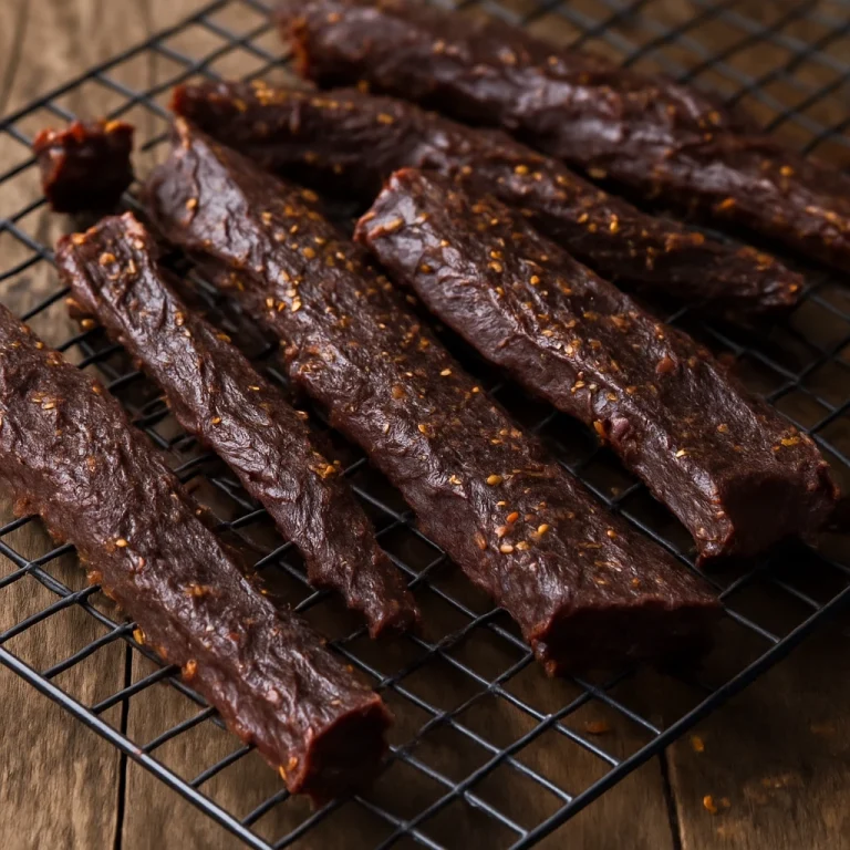 Biltong Worcestershire szósszal, fűszeres marhahús szeletek egy szárítórácson