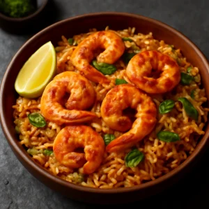 Friss garnélarák biryani rizsben tálalva