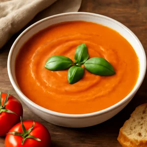 Friss paradicsom bisque, tejszínnel és bazsalikommal