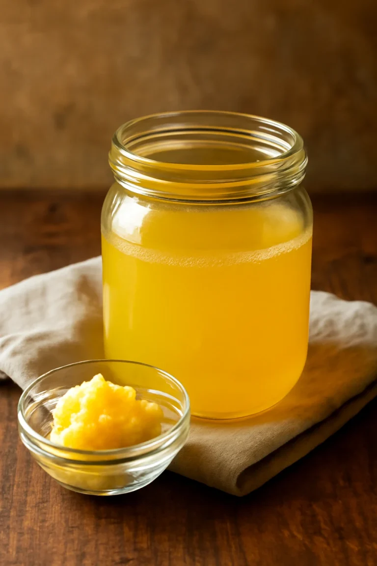 Frissen készült bivalytej alapú ghee, tiszta, aranyszínű folyadék egy üvegedényben
