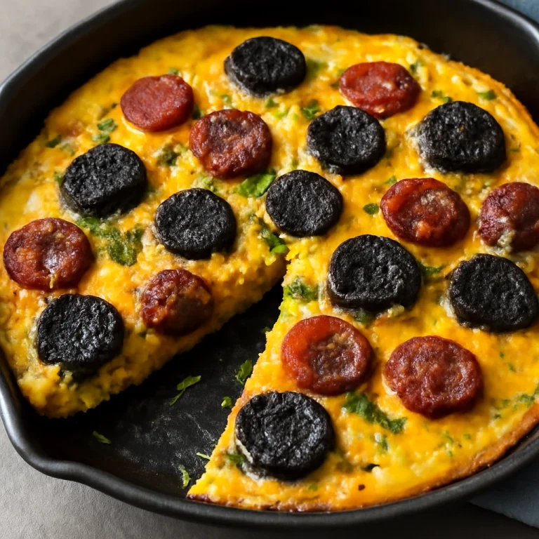 Black Pudding Frittata kolbásszal, pirított kolbásszal és tojással tálalva