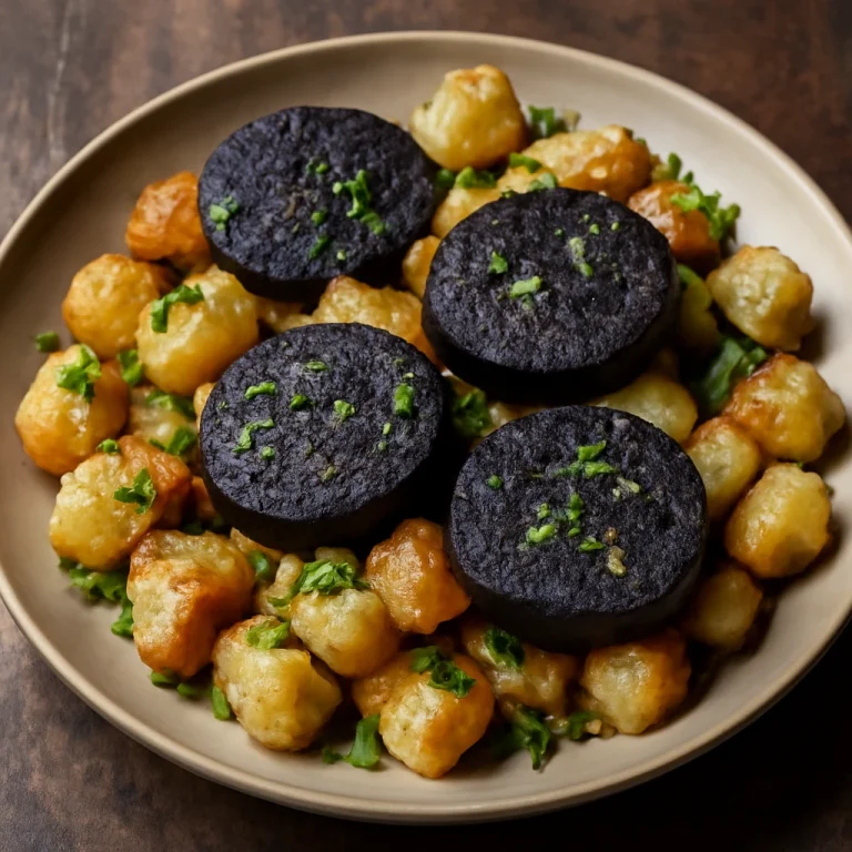 Black pudding Sneem stílusban tálalva, burgonyával és petrezselyemmel