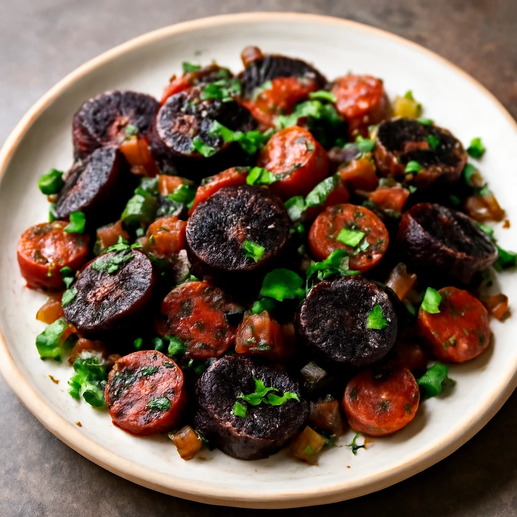 Friss petrezselyemmel díszítve tálalt black pudding fűszeres chorizóval