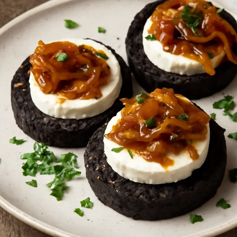 Black pudding kecskesajttal és karamellizált hagymával, tálalva friss petrezselyemmel
