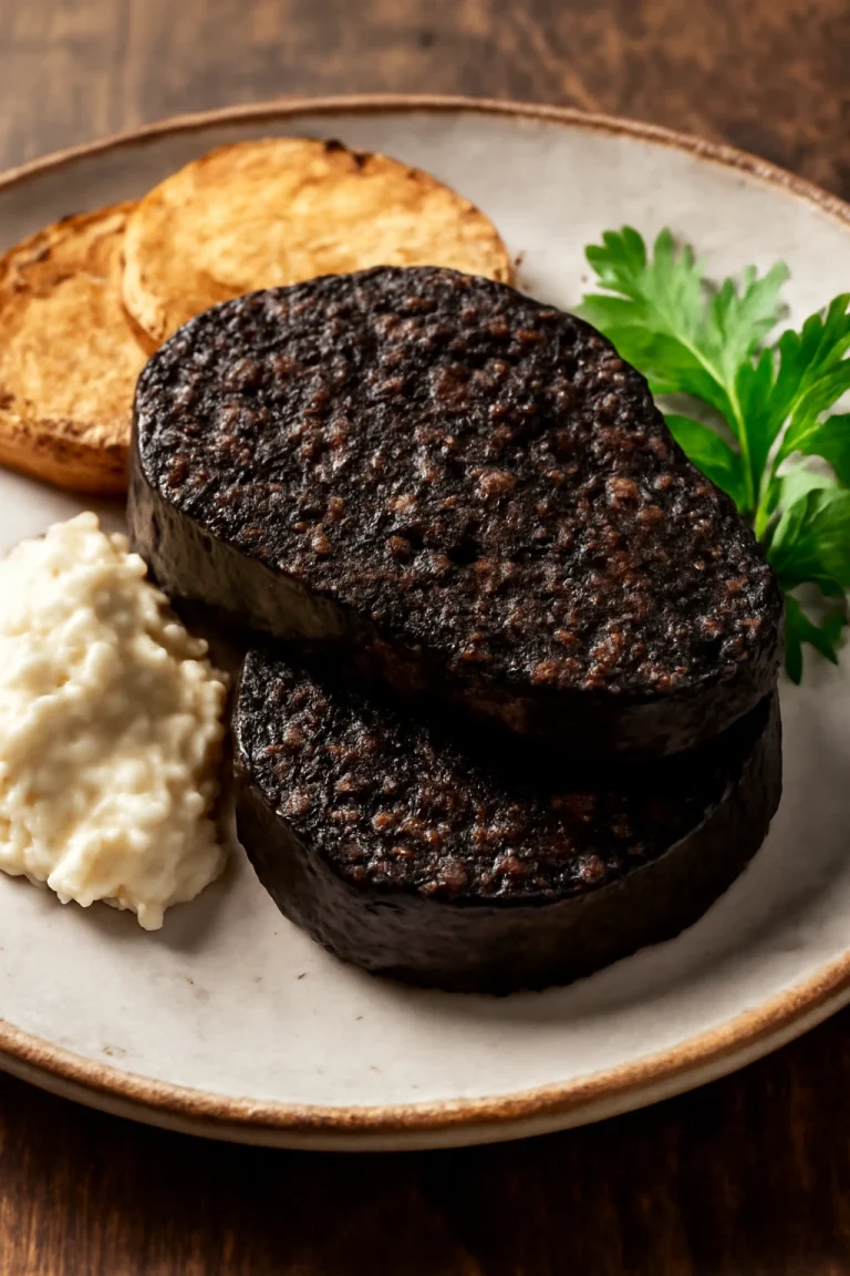 Black pudding klasszikus változat, sült marhahússal, tormával és friss petrezselyemmel