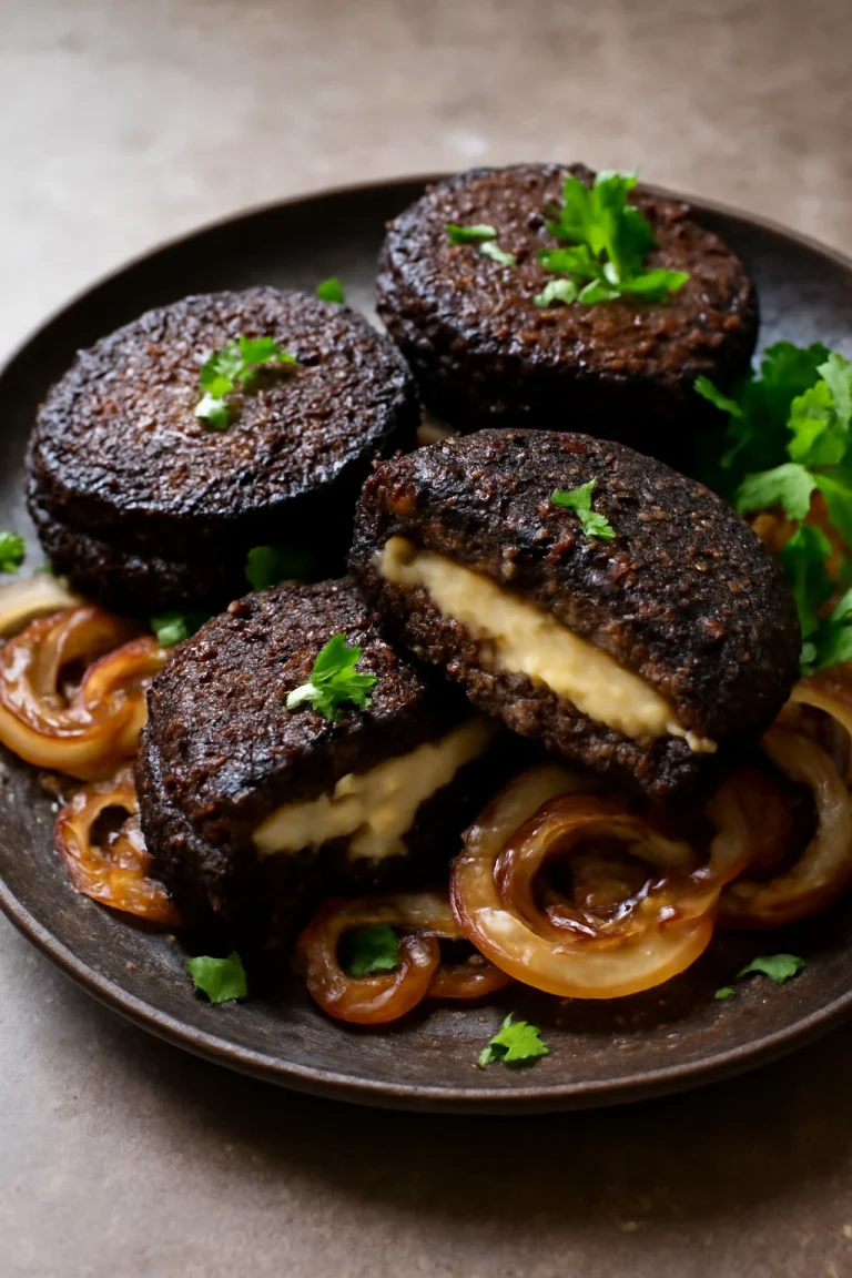Black pudding sajttal töltve, karamellizált hagymával és friss petrezselyemmel tálalva