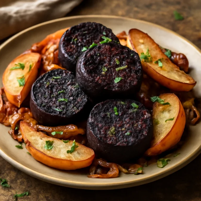 Black pudding sült almával és karamellizált hagymával tálalva