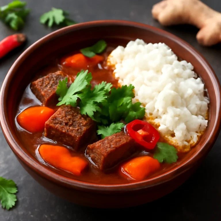 Bò Kho korianderrel, gazdag vietnami húsleves tálalva friss korianderrel és chili paprikával