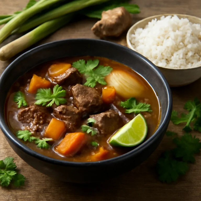 Bò kho marhahúsos leves, rizzsel tálalva