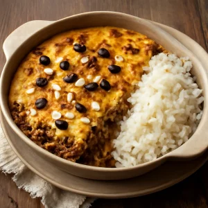 Finom bobotie curry fűszerkeverékkel, tojással és mazsolával tálalva
