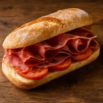 Bocadillo jamón serranóval, friss paradicsommal és fokhagymás baguette-tel.