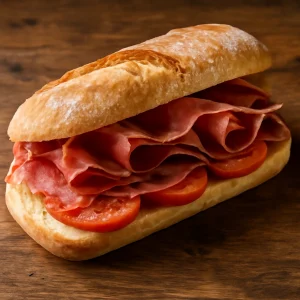 Bocadillo jamón serranóval, friss paradicsommal és fokhagymás baguette-tel.