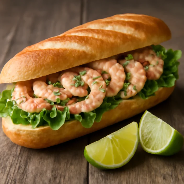 Bocadillo rákkal, garnélarák, majonéz, lime és jégsaláta a friss baguette-ben