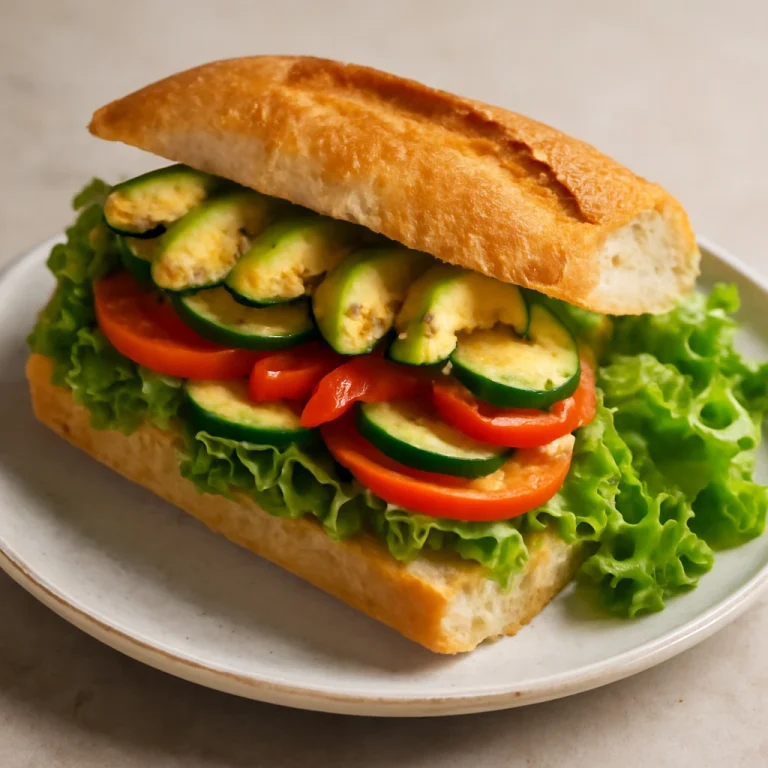 Bocadillo zöldségekkel tálalva, pirított bagettel és friss salátával