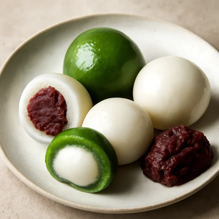 Bocchan dango zöld tea és vörös babpaszta töltelékkel tálalva