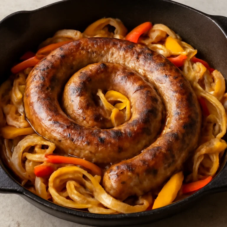 Boerewors hagymával, paprikával és fűszerekkel egy serpenyőben