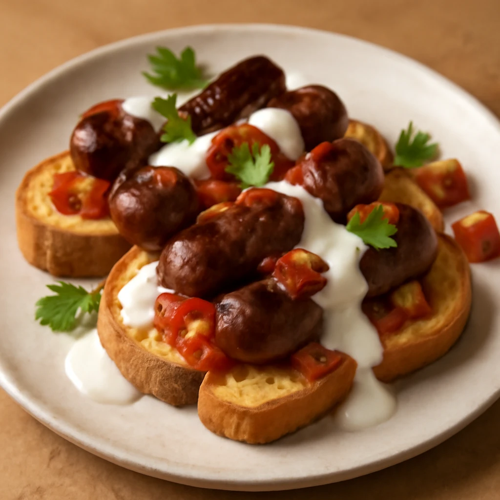 DÃ©l-afrikai boerewors, friss kenyÃ©rszeleteken, joghurttal tÃ¡lalva