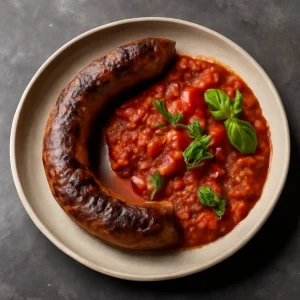 Sült boerewors kolbász paradicsomszósszal és friss fűszerekkel