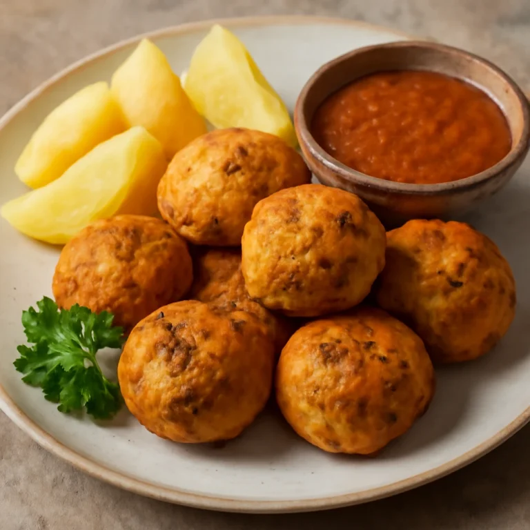 Bolinho de bacalhau tofus változata, aranybarnára sült tofugolyókkal.